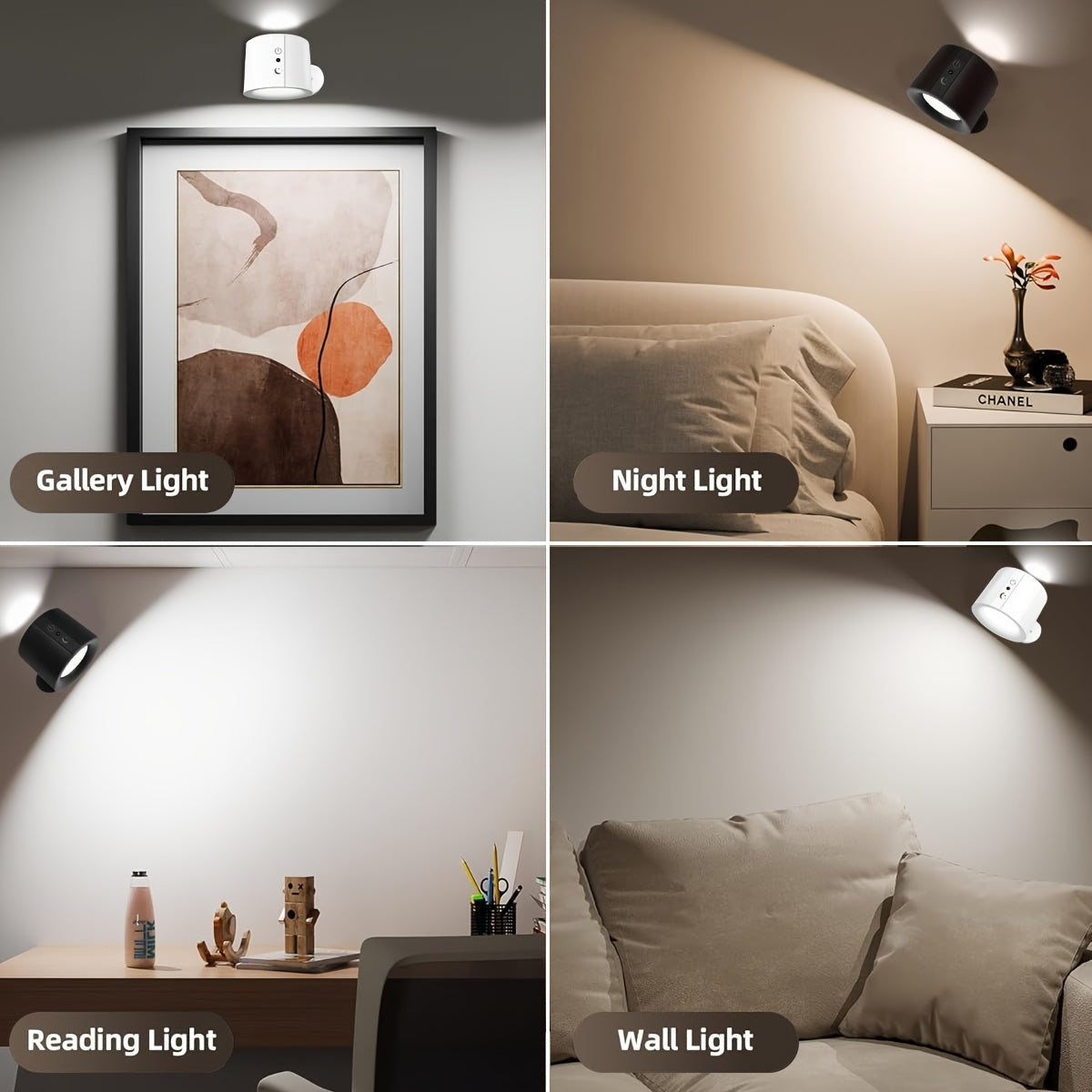 现代圆形头灯、触摸和遥控、智能灯、可充电、双面照明、3 种亮度级别和 3 种色温、红外传感器、360° 磁力旋转、免打孔安装，易安装和移动，简易安装，智能触控调光，无线灯适用于书房、走廊、卧室，客厅、车库、休息室、阅读室、阅读、角落照明、卧室床头灯、可调光床头灯、变色灯、可调光床头灯、电池灯、书灯、LED 台灯、可爱灯、感应灯、触摸床头灯、迷你灯、壁灯和壁灯