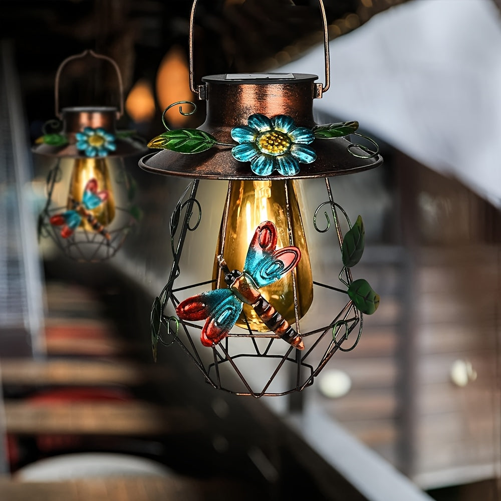 Elegant Outdoor Solar Hanging Light, Iron Solar Light with Dragonfly and Flower Decoration, Beautiful Garden Courtyard Patio Walkway Decorative Lighting, Outdoor Solar Light