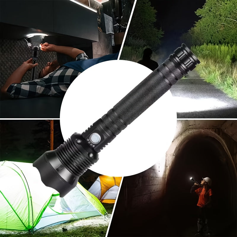 Extended Zoomable High Lumen Flashlight, Multifunctional Night Search Light with Power Indicator, USB Rechargeable Emergency Work Light for Hiking Camping Fishing