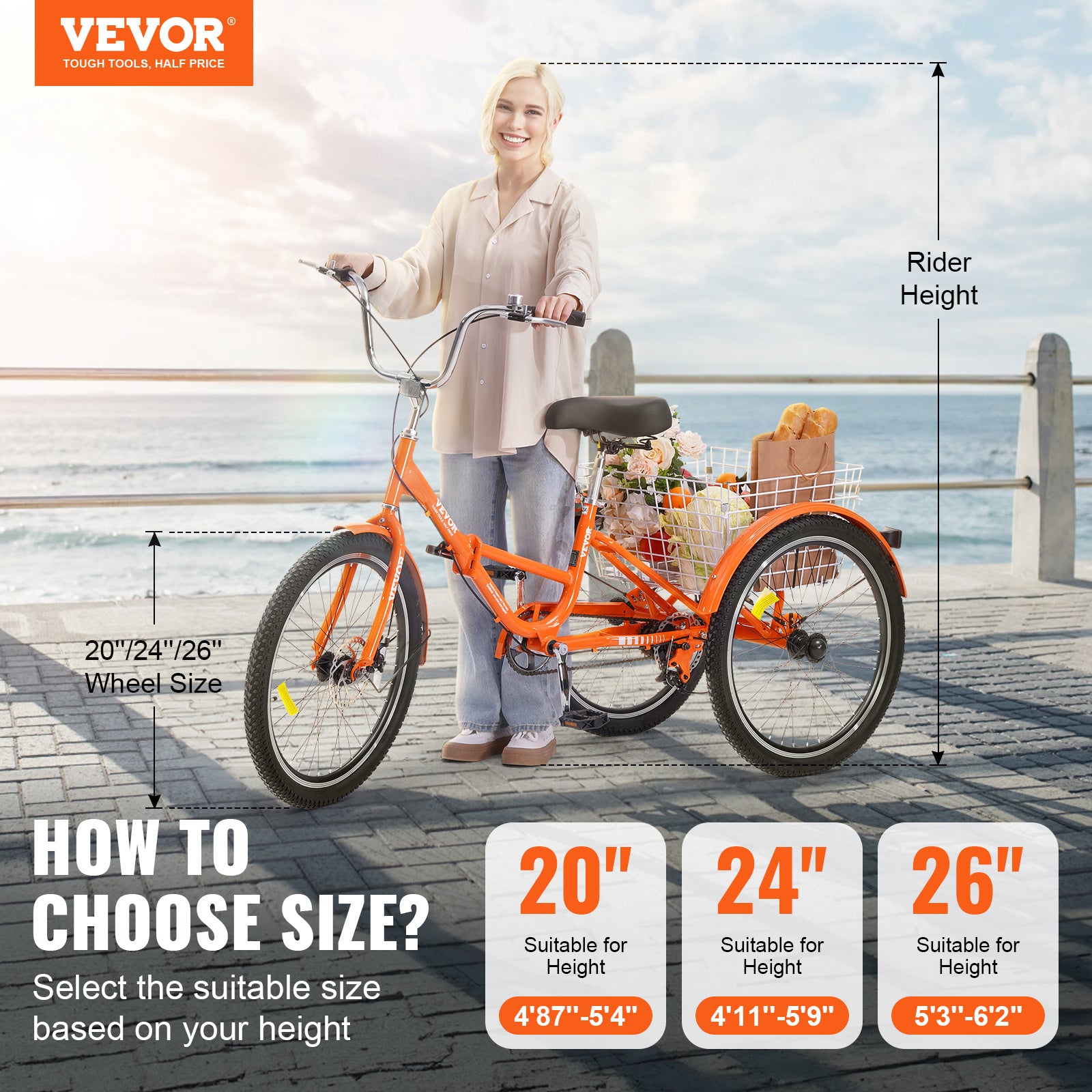 VEVOR 折叠成人三轮车，24英寸成人折叠三轮车，轻量铝合金3轮巡航自行车，带大后篮，购物野餐折叠三轮车，适合成人、女性、老年人