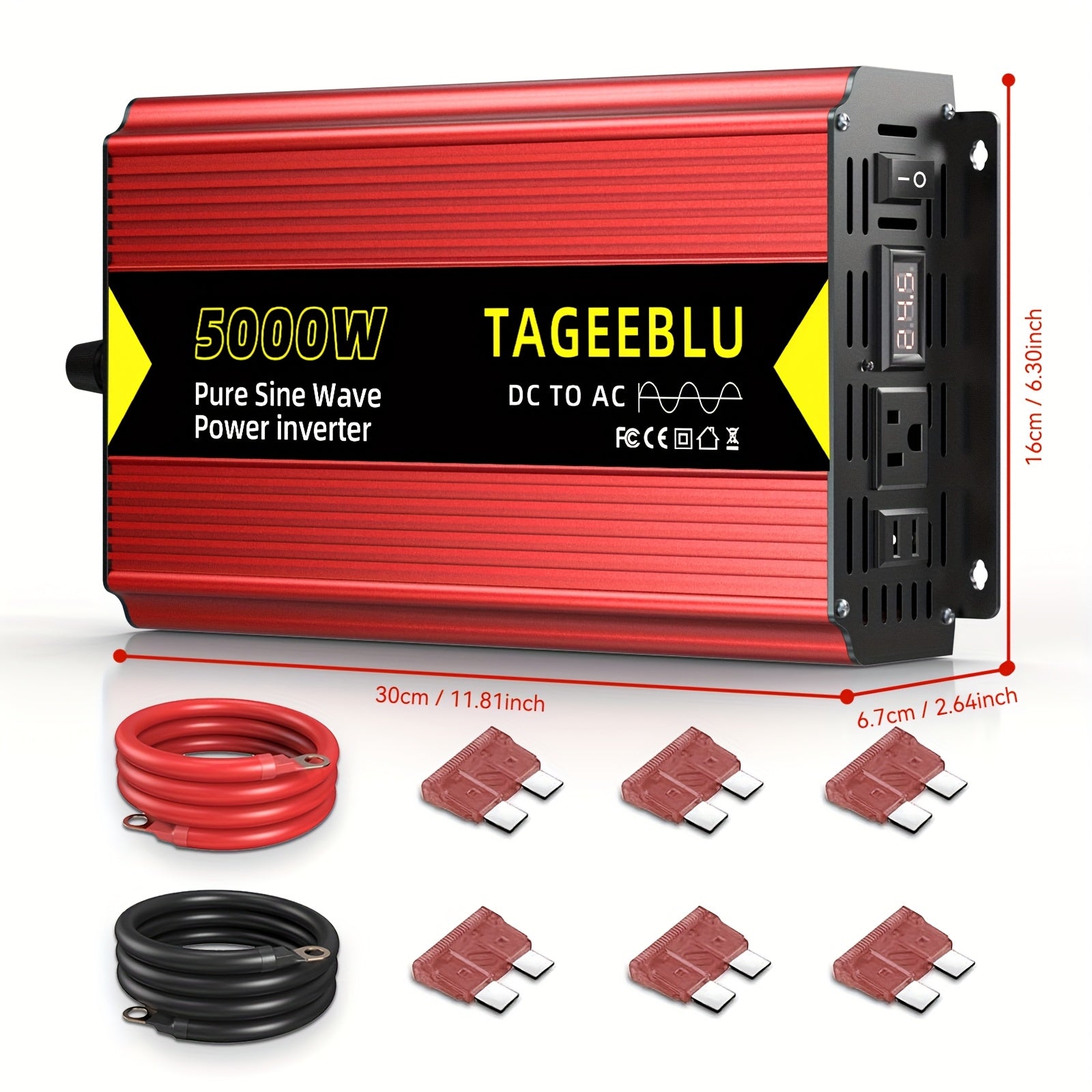 纯正波，房车逆变器，12V或24V DC to 110V AC，5000W峰值，配备电缆，离网，房车，旅行拖车、大部分重型电器适用，咖啡机，微波炉，安静