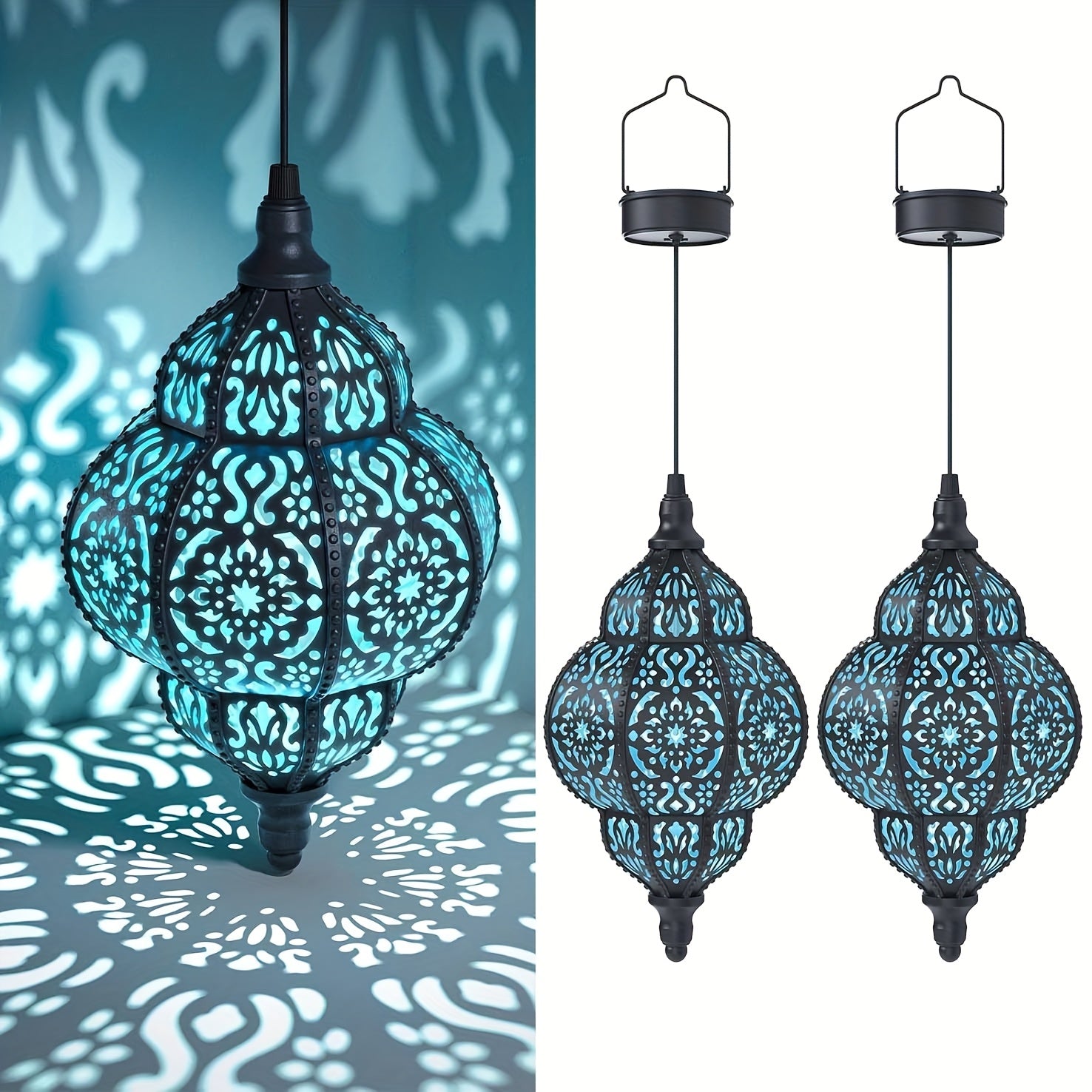 Two-Piece Solar Lantern, Colorful Large Round Moroccan Style Outdoor Hanging Light, Hollow Design, Waterproof, Suitable for Garden, Courtyard, Path, Halloween and Christmas Decoration