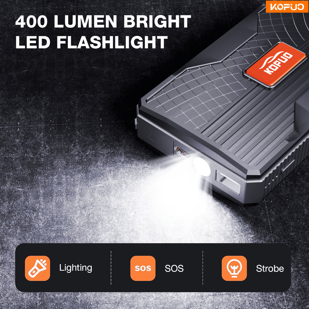 12V Car Battery Jump Starter - 6000A Portable Jump Box for Up to 1.59gal Gas & 1.32gal Diesel Engines, with USB/Power Bank/Dual Output & LED Light + Car Charger