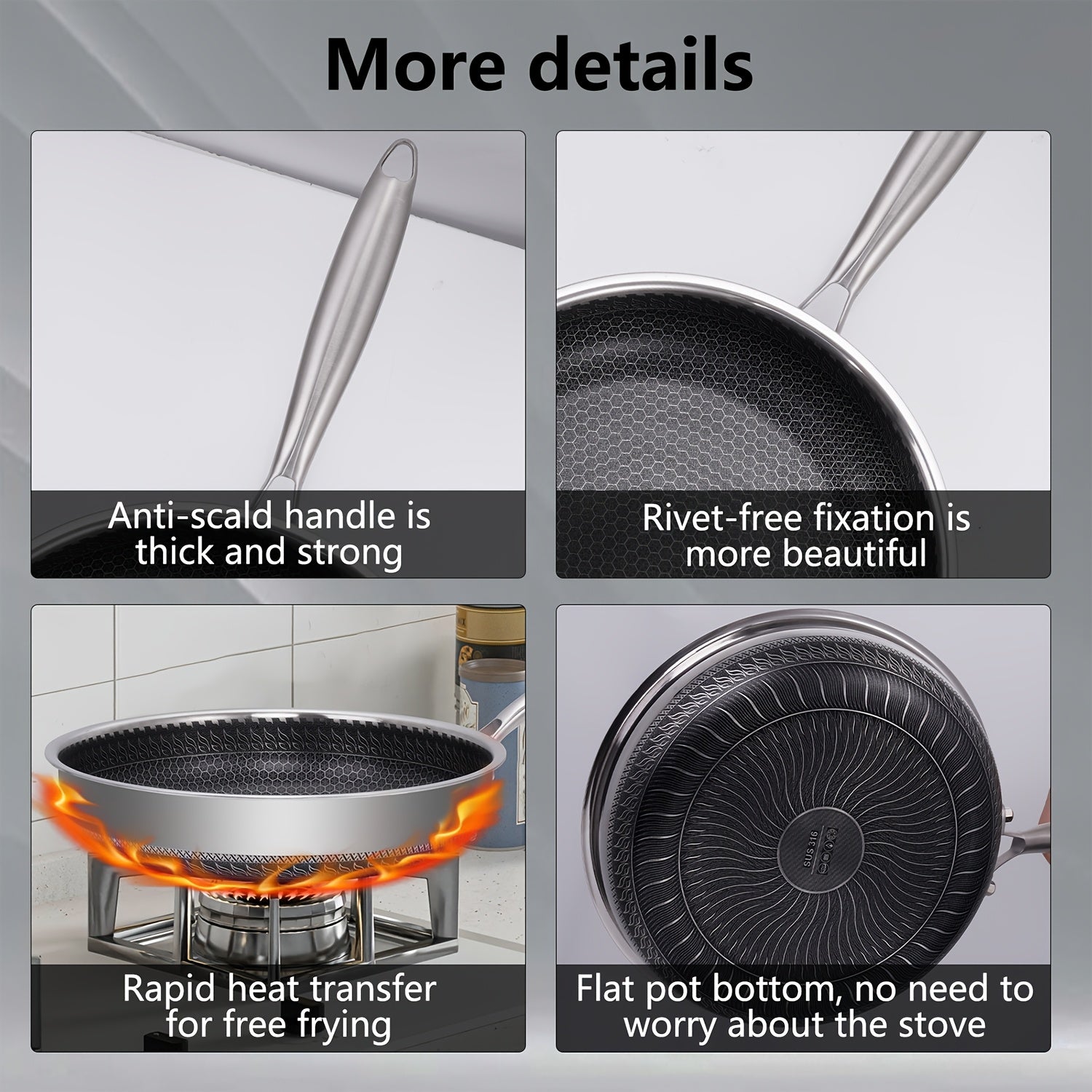 316 (18/10) Three-layer Stainless Steel Non-stick Frying Pan with Tempered Glass Lid, Dishwasher & Oven Safe, Induction Compatible Double-sided Honeycomb Cookware