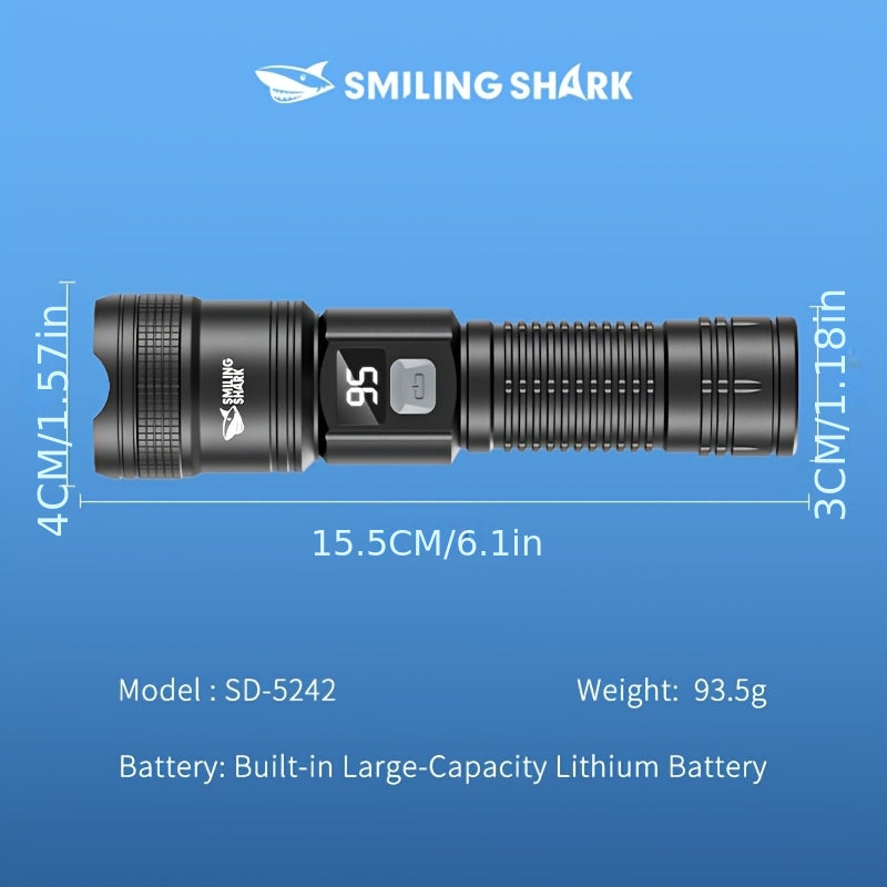 1Pc SMILING SHARK Rechargeable Flashlight, Super Bright Zoomable LED Spotlight with Digital Display, 3 Lighting Modes, Lightweight Portable Handheld Work Light, Type-C Charging, Model SD5242B, for Hiking Camping Fishing Outdoor Emergency