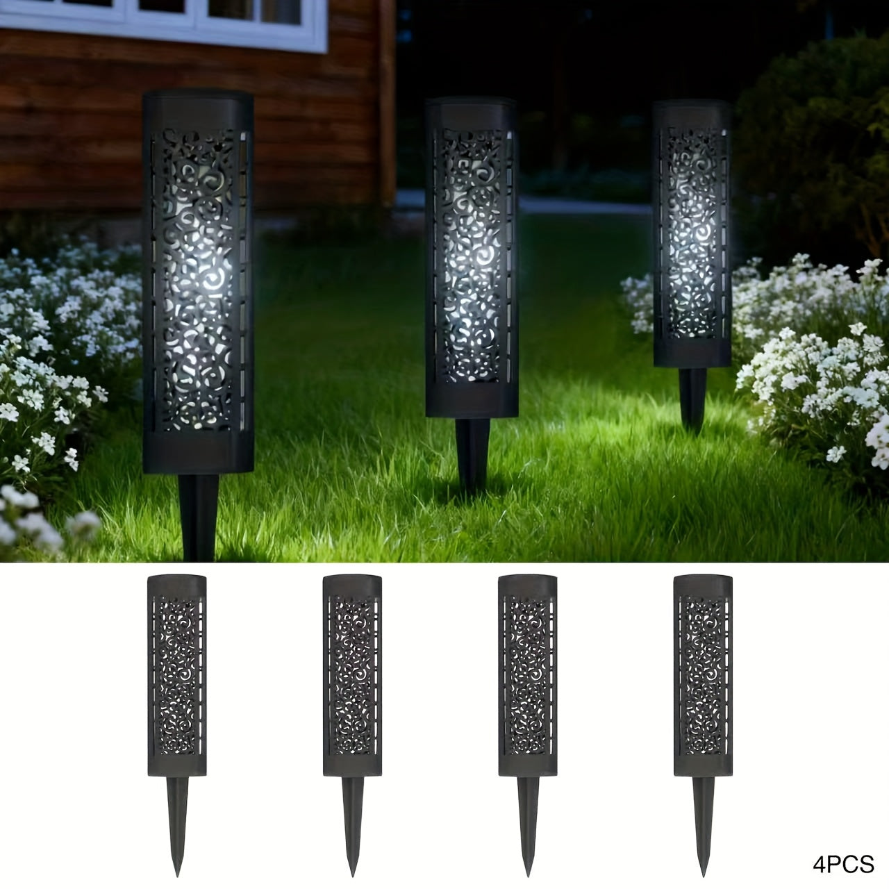 4pcs Solar Garden Vintage Hollow Out Floor Light, Outdoor Path Light, LED Halloween Christmas Decorative Landscape Light, Perfect for Courtyard, Garden, Pathway, Lawn, Street, Party Holiday Decoration