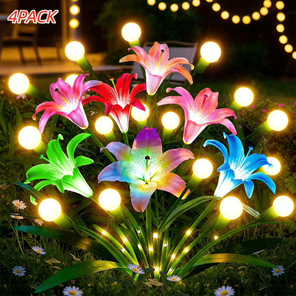 8/4 Pack Solar Garden Light Set - New Upgraded Outdoor Solar Light, 7-Color Changing Lily Light, Perfect for Courtyard, Includes 12 Realistic Lilies & 24 Firefly Lights, Garden Decoration, More Realistic Lily Flower - Birthday & Holiday Gift