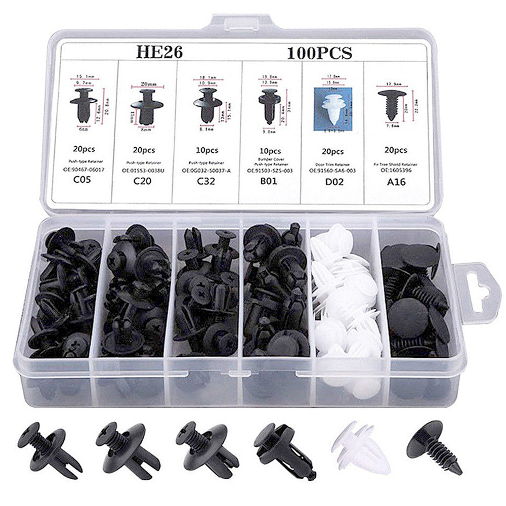 100-Piece Trim Panel Retainer Fastener Kit – Assorted Auto Fastener Clips for Car Body, Push-Type Retainers, Pins, Rivets, Bumpers, Doors & Other Auto Accessories