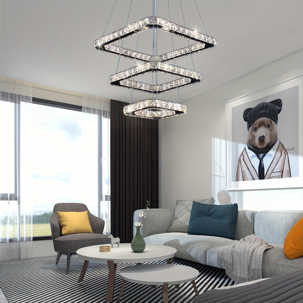 Elegant modern crystal chandelier, square design, three-ring structure, height adjustable, suitable for bedroom