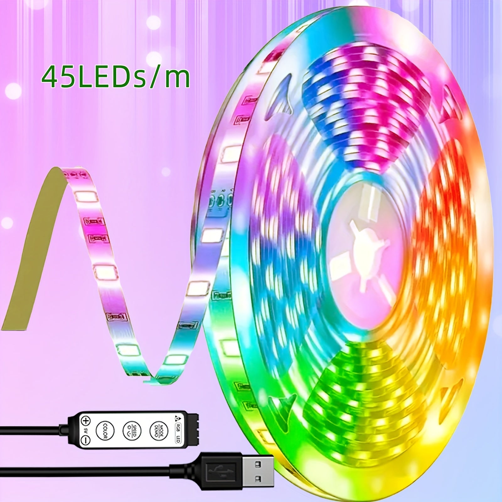 LED灯带 196.85英寸/393.7英寸/590.55英寸，45颗LED每米，USB供电，3键控制，静态与动态模式，卧室、天花板、派对氛围装饰照明，便捷安装