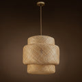 Three-layer rattan pendant light – 19.7-inch hand-woven natural dome light fixture, with 59-inch adjustable hanging rope, bohemian style chandelier, suitable for living room, dining room or entryway – compatible with E26 bulb (bulb not included)