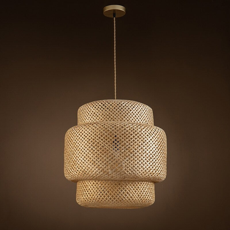 Three-layer rattan pendant light – 19.7-inch hand-woven natural dome light fixture, with 59-inch adjustable hanging rope, bohemian style chandelier, suitable for living room, dining room or entryway – compatible with E26 bulb (bulb not included)