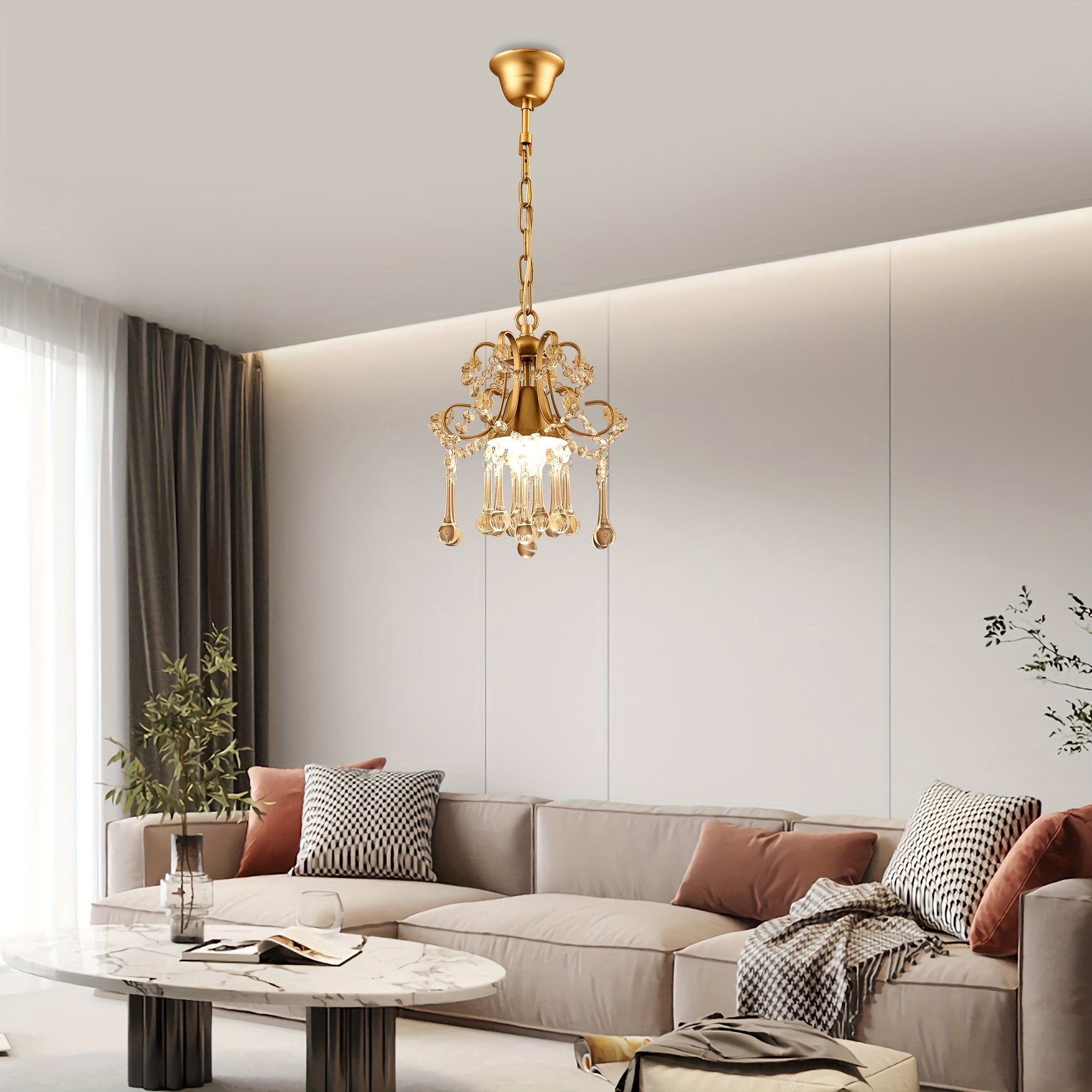 Ganeed 1-light champagne K9 clear crystal chandelier, ceiling light, crystal pendant light, chandelier for living room, bedroom, dining room, porch, LED lighting and home decoration