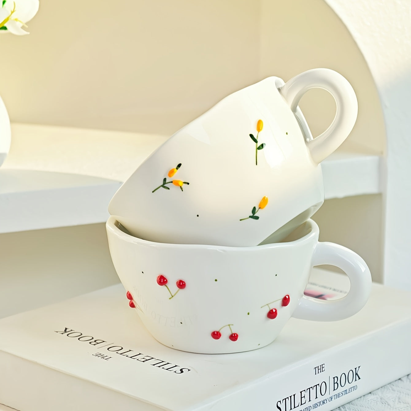 1 Set Creative Simple Hand-Pinched Hand-Painted 3D Relief Cherry Blueberry Lemon Ceramic Coffee Cup & Saucer for Home Use