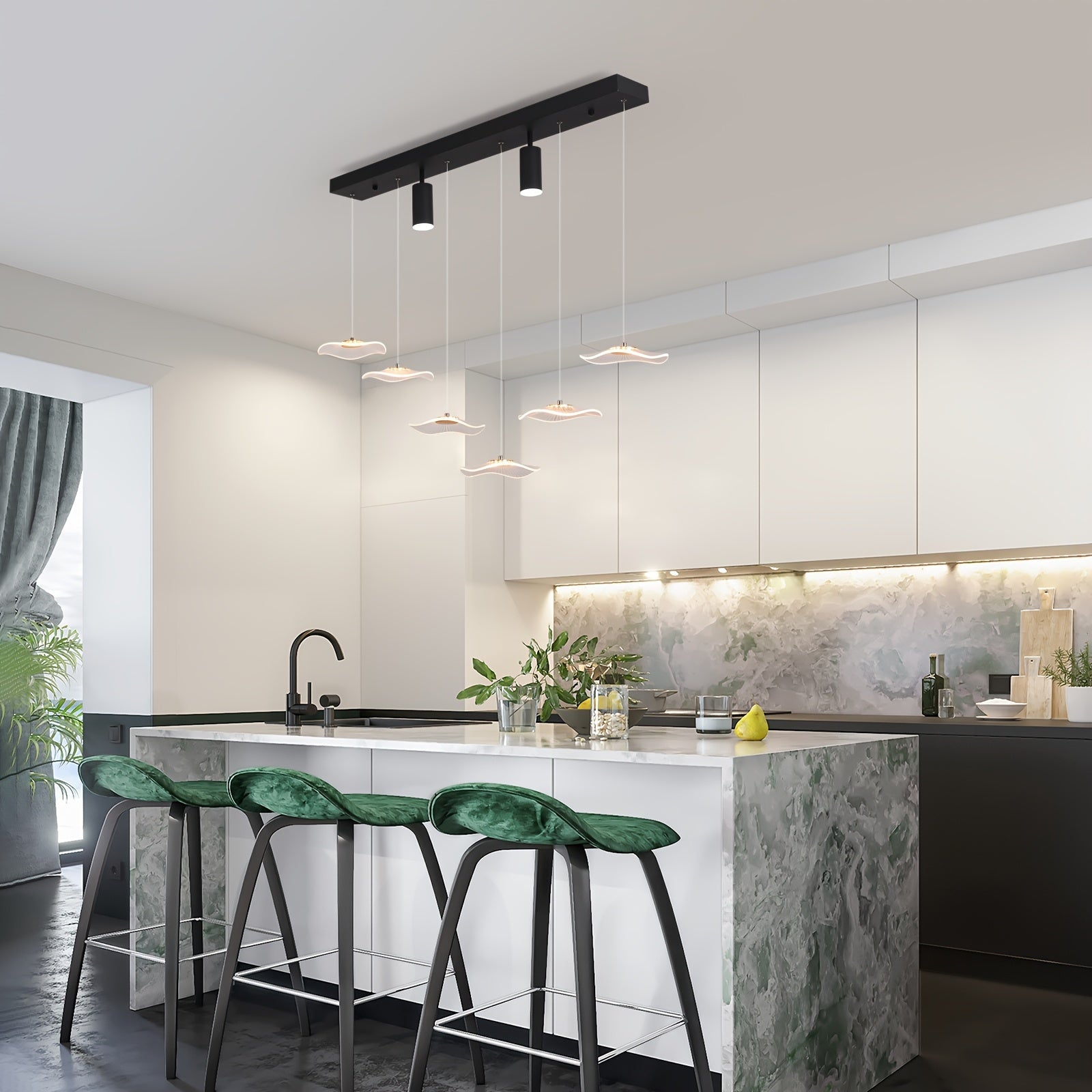 Enkerr modern style 6-head dimmable LED pendant light, with remote control, adjustable color temperature (3000K-6000K) and brightness, infrared remote control, memory function, large ceiling light suitable for kitchen island