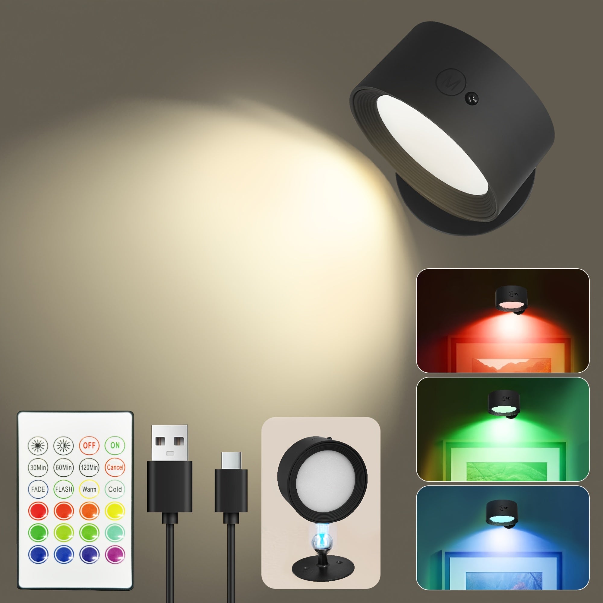 GVTCO Indoor Rechargeable LED Wall Light Multi-Color RGBW Wall Art Light, Portable Cordless LED Light, Dimmable with Remote Control Wall Light, 360° Rotation, USB Charging, 1200mAh, Wireless and Wall-Mounted