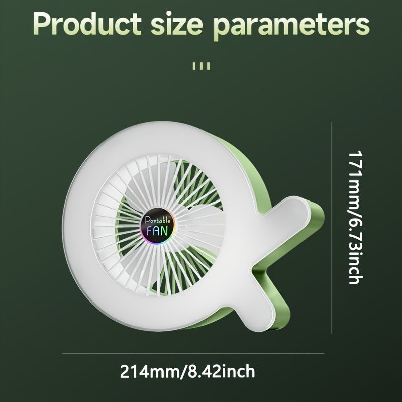 Portable Colorful Ambient Light Desktop Fan | 3 Speed Adjustment | Low Noise Silent Motor | USB Rechargeable | Mini Desk Fan for Bedroom Office | Summer Cooling Essential