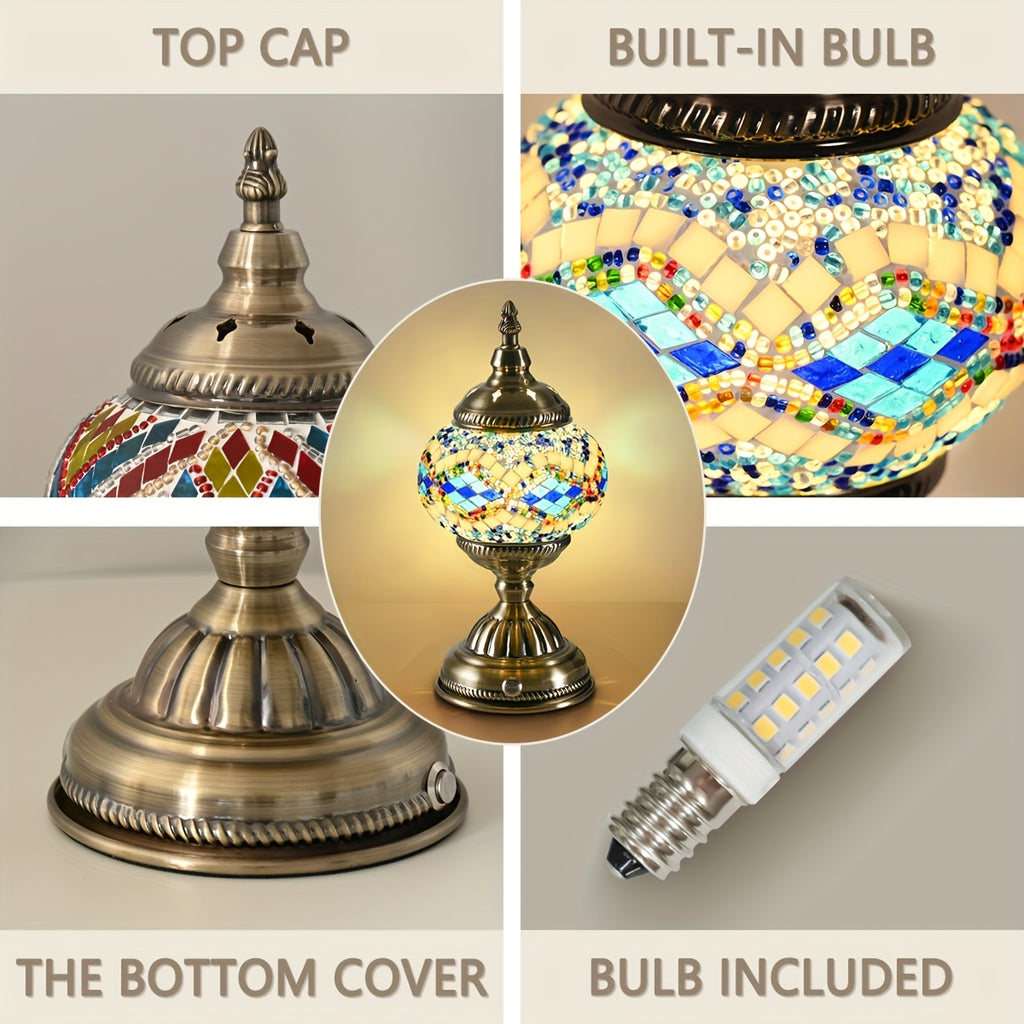 Turkish Moroccan style lantern, bronze base, colorful handmade mosaic glass, bohemian style night light, bedroom decoration, holiday gift (LED bulb included)