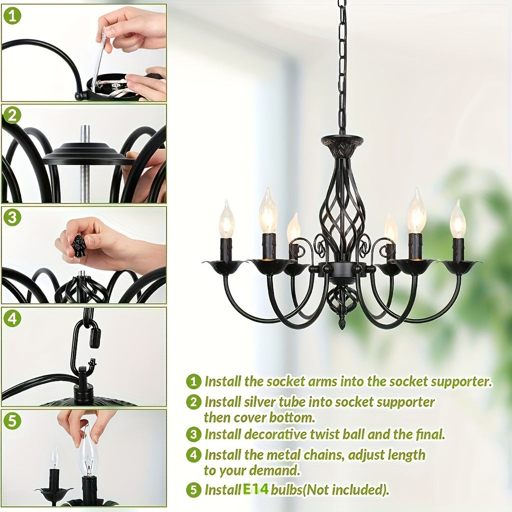 Farmhouse Candle Chandelier Ceiling Light, Rustic Industrial Pendant Ceiling Fixture, Vintage Chandelier for Bedroom, Hallway, Kitchen, Dining Room, Bar, Foyer, Matte Black E14 Bulb Base (Bulb Not Included)