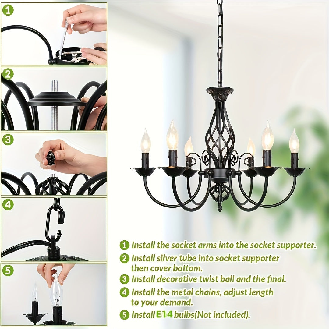 Farmhouse Candle Chandelier Ceiling Light, Rustic Industrial Pendant Ceiling Fixture, Vintage Chandelier for Bedroom, Hallway, Kitchen, Dining Room, Bar, Foyer, Matte Black E14 Bulb Base (Bulb Not Included)