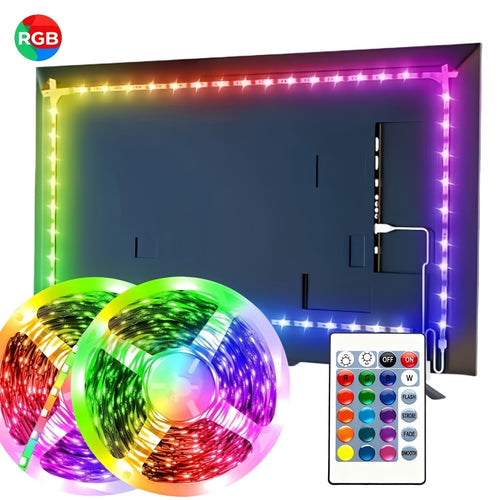 196.85-787.4英寸柔性RGB LED灯带，配备24键遥控器，USB供电，可裁剪，适用于电视、电脑背光及家居氛围装饰