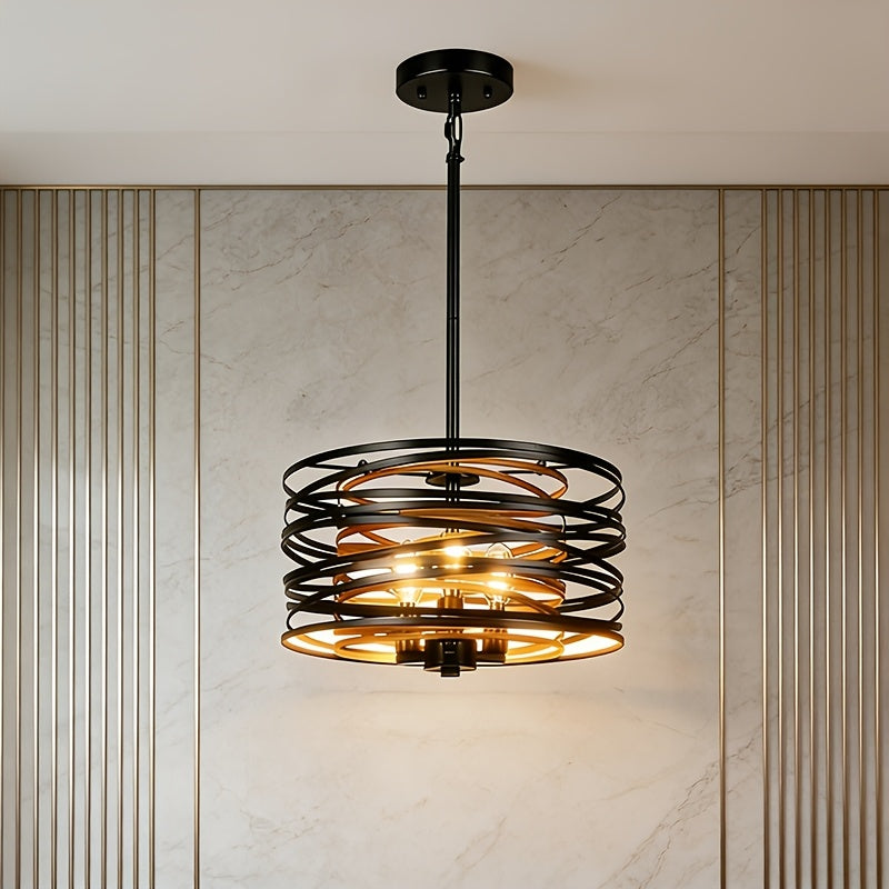 Adjustable Height Industrial Spiral Pendant Light, 3-Light Black Drum Cage Pendant Light with Sloped Ceiling Adapter, Modern Rustic Style Lighting Fixture, Suitable for Dining Room Hall, E12 Socket (Bulb Not Included)