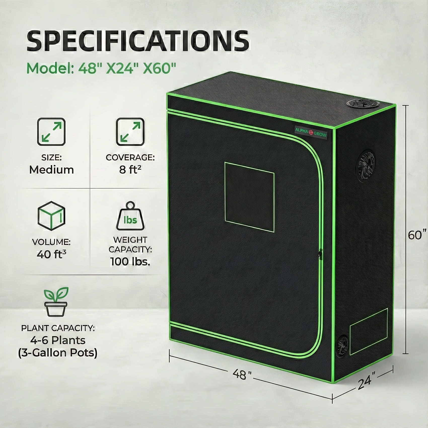1800D Material 48x24x60 Inch (≈4x2 Ft) Hydroponic Grow Tent, Optional Accessory Kit: 100W Dimmable LED Light, 8ft Ducting, 4"/6" Vents, Optional Standard Independent Fan & Filter Combo or New Integrated Fan-Filter Unit
