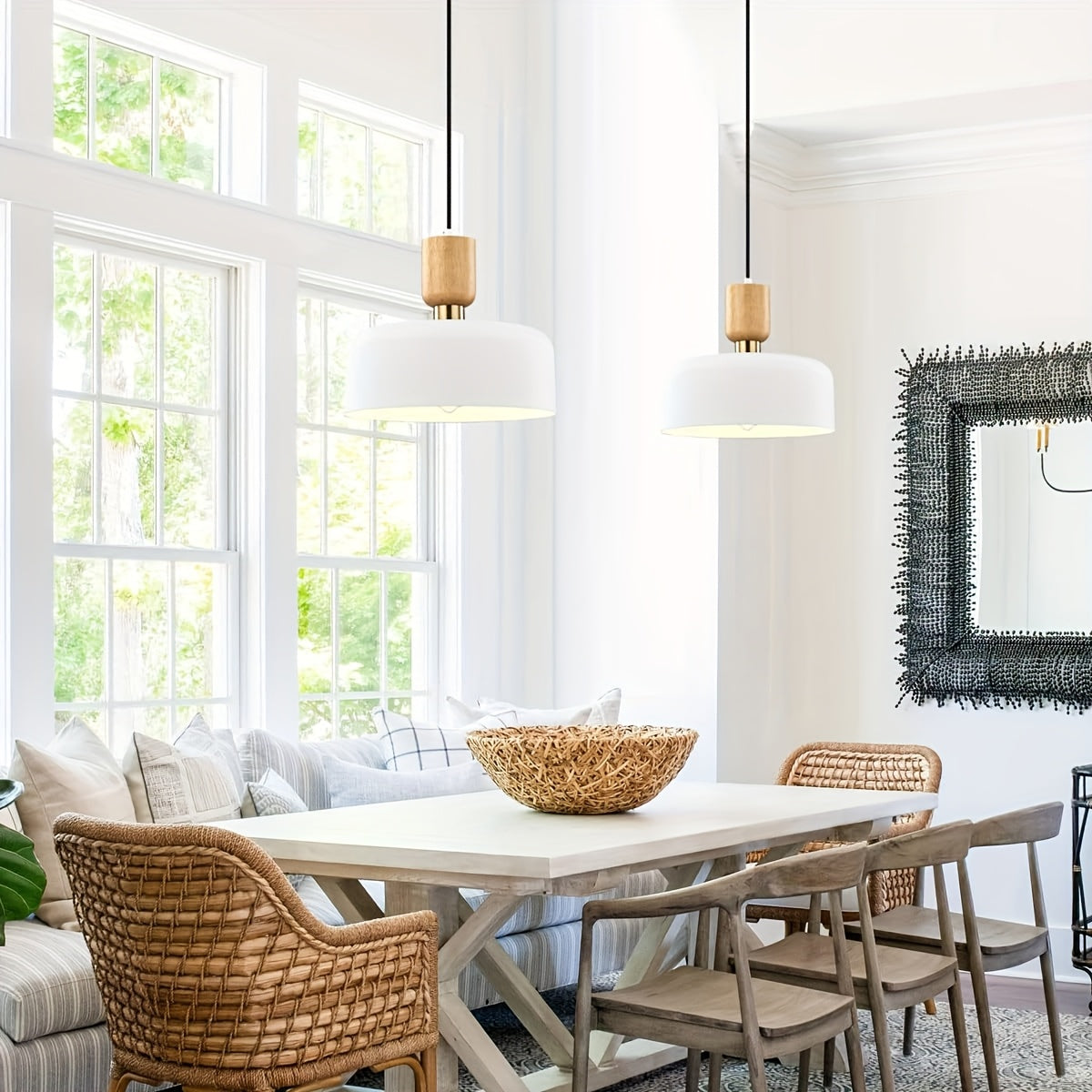 Nordic modern wood metal decorative pendant light - suitable for dining room, kitchen island, sloped ceiling, height adjustable, 12-inch diameter black and white drum lampshade (bulb not included)