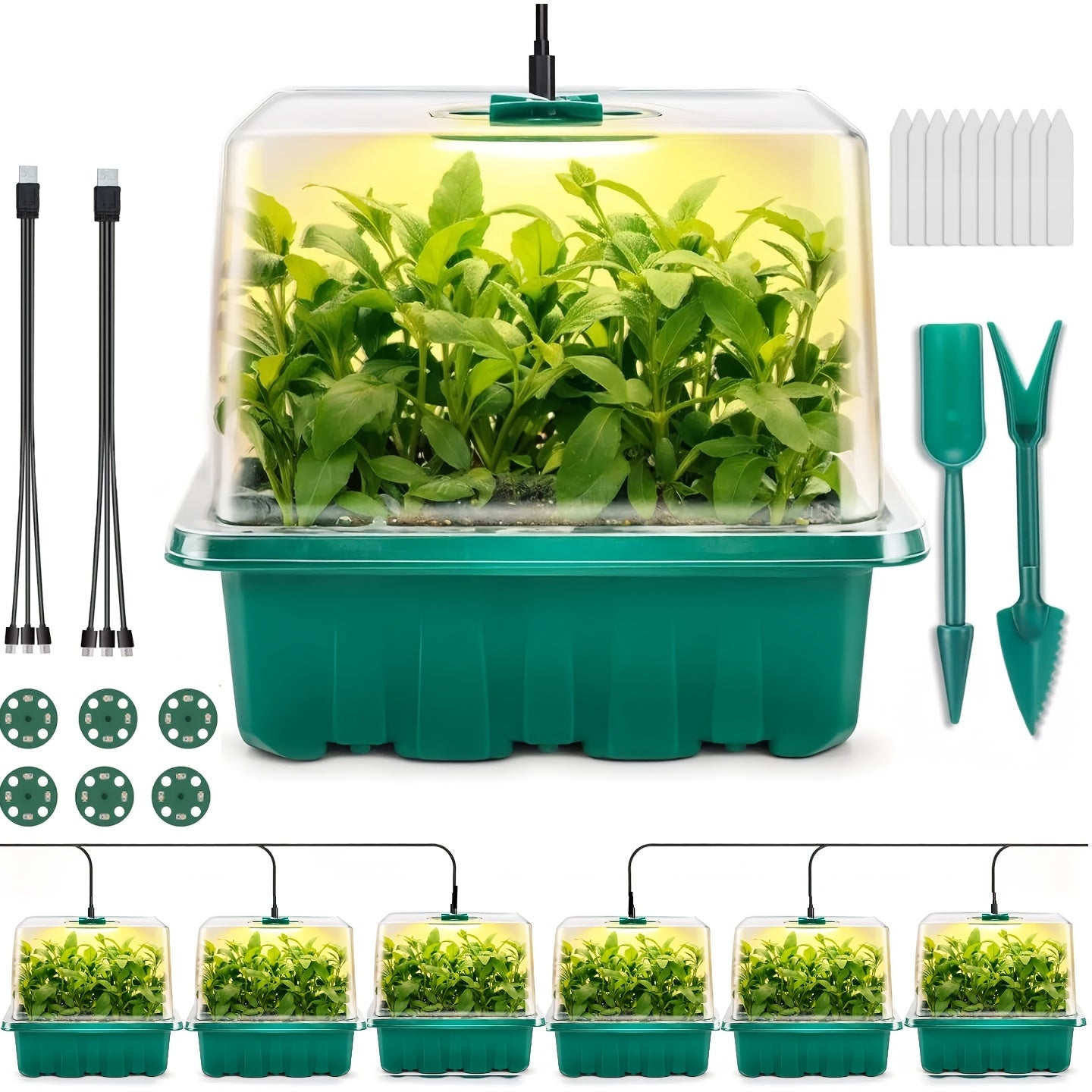 6-Piece Seed Germination Tray Set, Seed Starter Kit with Grow Light, Nursery Tray with Humidity Dome, 3.9 Inch Tall Lid with Drain Holes, Ideal Indoor Spring Vegetable & Fruit Seedling Device, 12 Cells Per Tray