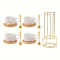 180ml Ceramic Coffee Cup Set, Black & White Four-Cup Marble Design with Saucers, Spoons & Gold Cup Stand
