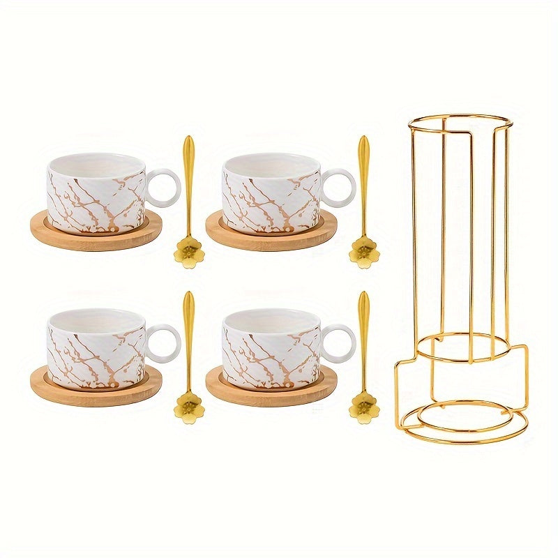 180ml Ceramic Coffee Cup Set, Black & White Four-Cup Marble Design with Saucers, Spoons & Gold Cup Stand