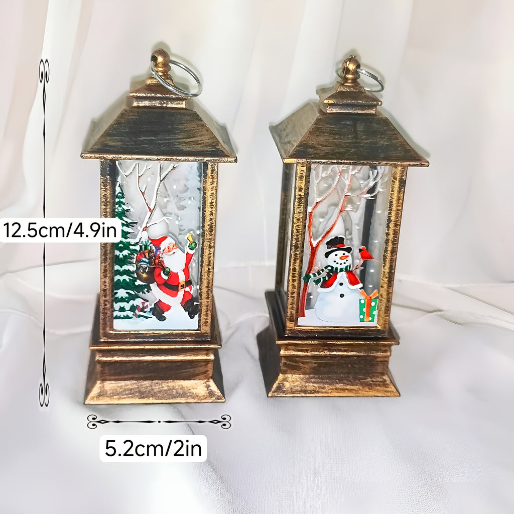 2件圣诞老人和雪人图案装饰品，迷你油灯LED仿真闪烁蜡烛灯笼 - 适合14岁以上使用