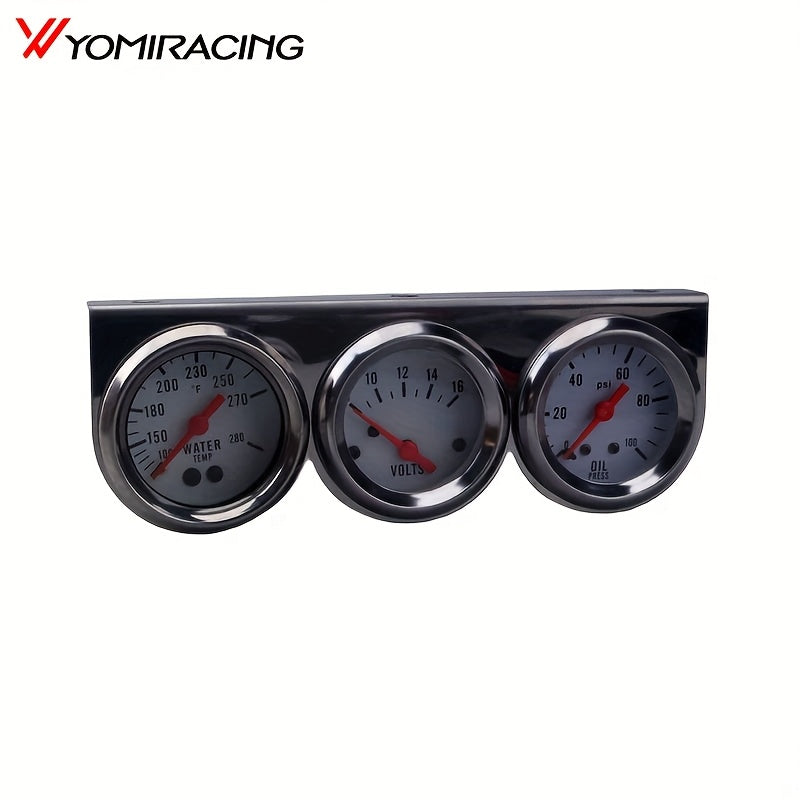 New Mechanical 3-in-1 Gauge Set (Chrome Silver Iron Frame + White Dial, Voltage 8-16V + Water Temp 150-270°F + Oil Pressure 0-100Psi), Battery Not Included