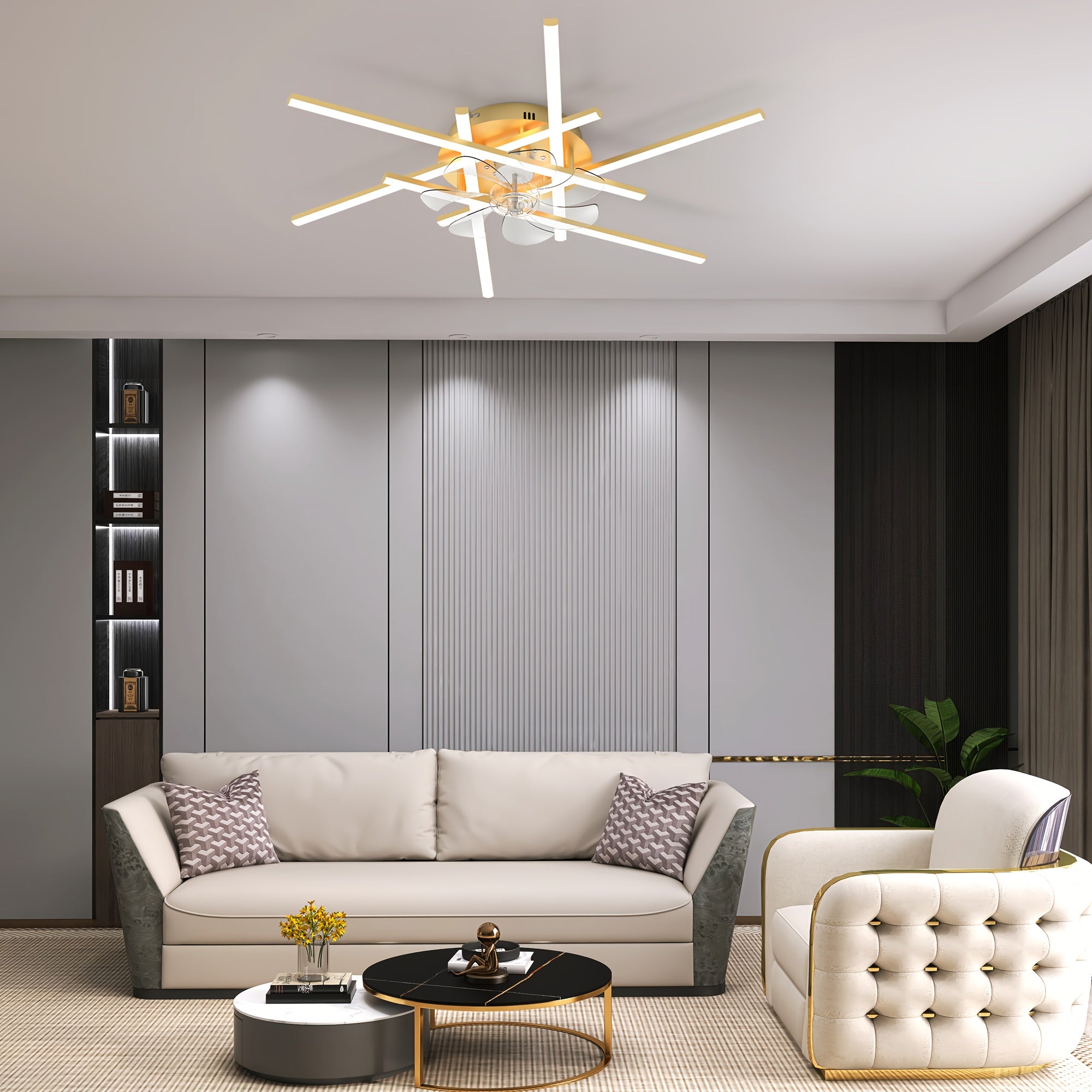 Modern LED Ceiling Fan with Light and Remote Control, Gold Sputnik Semi-Flush Mount Design, Chandelier Fan for Bedroom, Living Room, Dining Room, Kitchen & Office