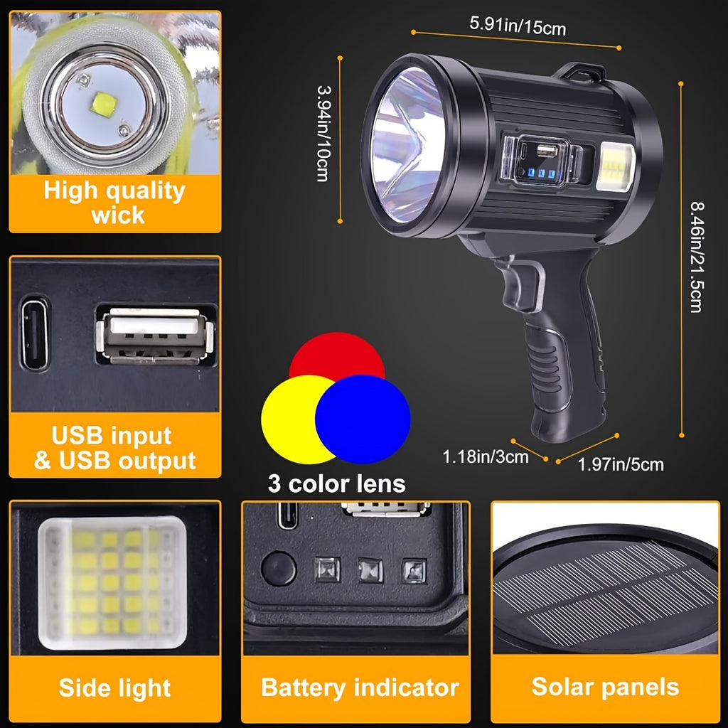 Staaricc rechargeable LED spotlight, ultra-high lumens, ultra-bright solar COB spotlight, 6 modes, 4-color temperature flashlight, large outdoor handheld searchlight suitable for hunting, camping, boating, USB port electronic light