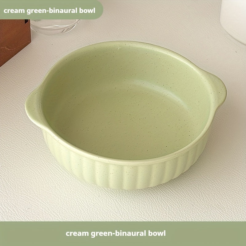 1 Ceramic Bowl with Ear Handles, Large Capacity Ceramic Plate, Soup Bowl, Salad Bowl, Noodle Bowl, Oven & Microwave Safe, Dinnerware, Kitchen Supplies for Salad, Fruit, Pasta, Kitchenware, Tableware Accessories/