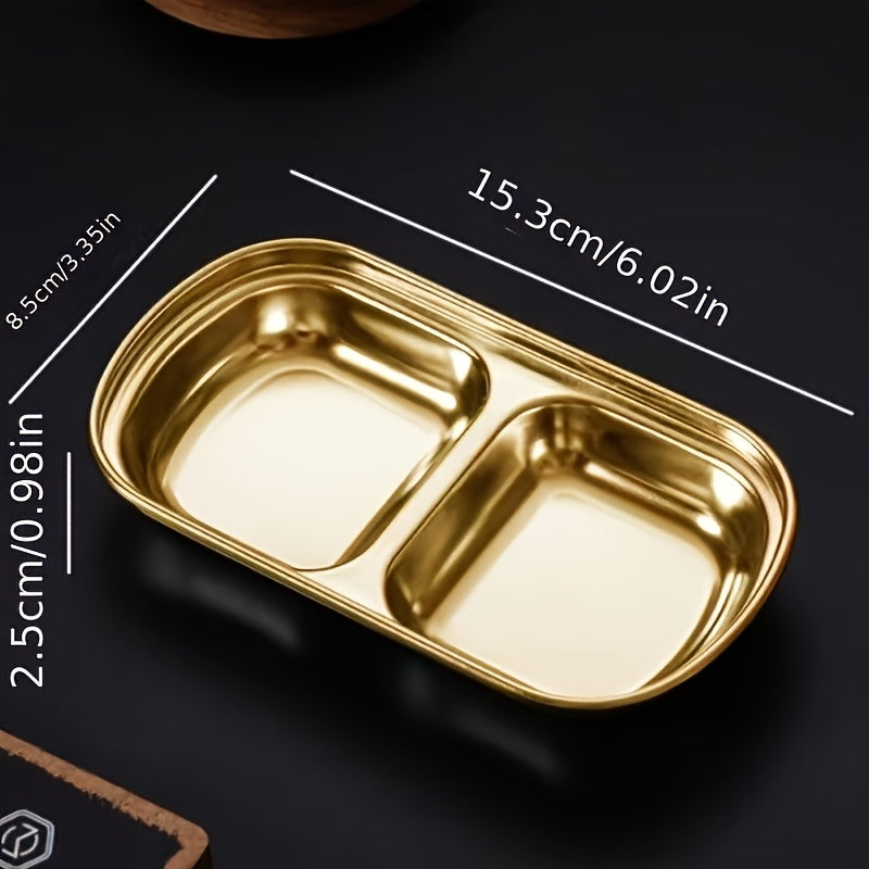 1Pc Golden Compartment Stainless Steel Sauce Plate, Dinner Plate, Salt Vinegar Sugar Seasoning Dipping Bowl