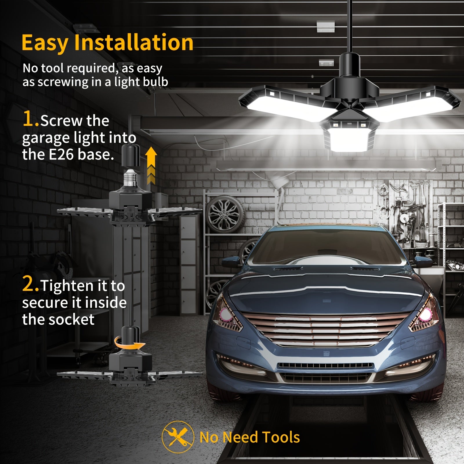 4000 lumen three-leaf adjustable LED light, high-brightness garage light, wide-angle illumination, E26/E27 universal, quick installation, high-quality plastic heat dissipation, suitable for garages, supermarkets, gyms and other scenes