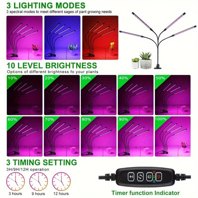 1/2/3/4 Head LED Grow Light, 360° Adjustable Gooseneck, USB Powered, Red & Blue Dual Spectrum, Efficient Full Spectrum Panel, with Adjustable Plant Light and Flexible Rotation - Perfect for Indoor Greenhouse Flowers, Charger Not Included