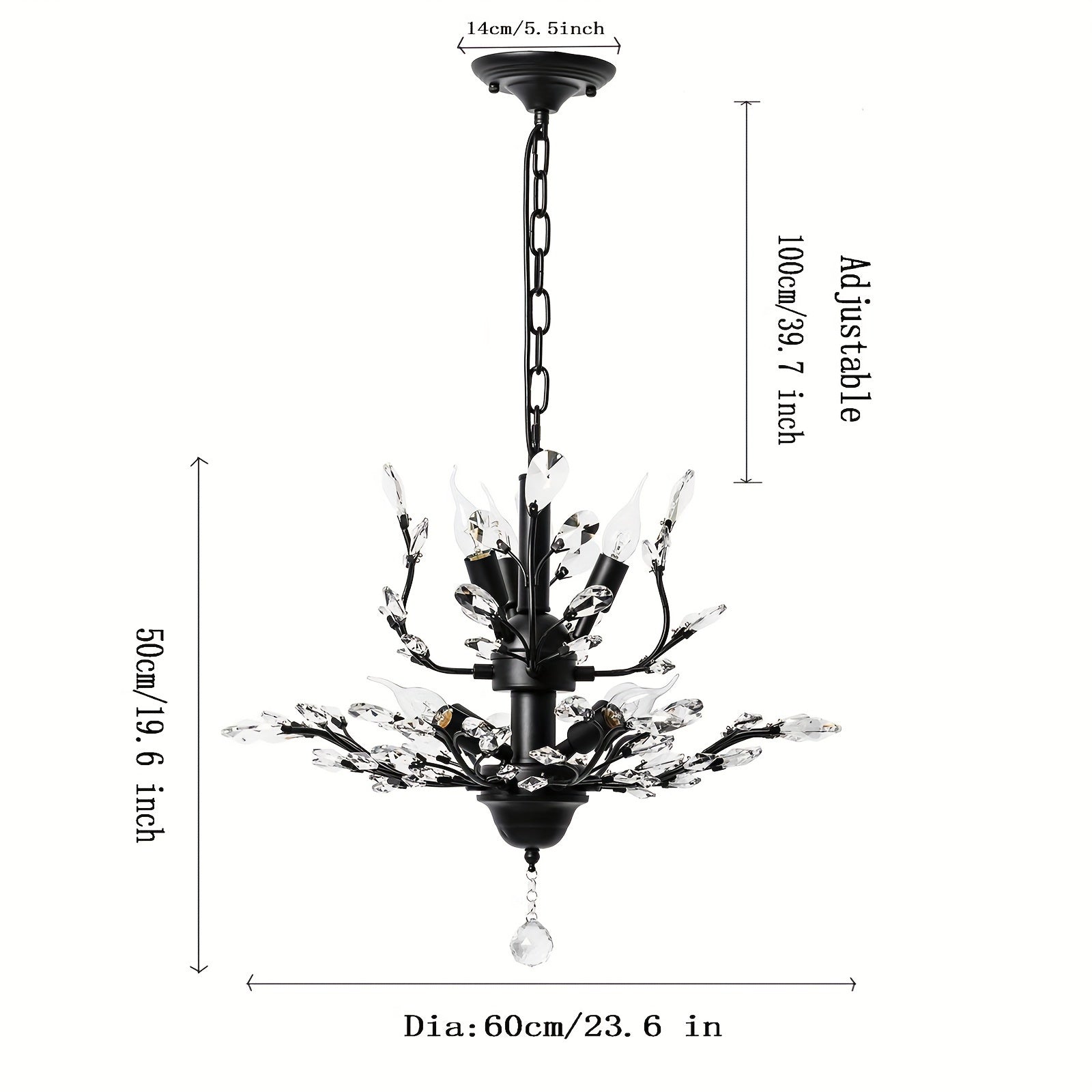Enncll Elegant 7-Light Vintage Crystal Chandelier - Adjustable Black Metal Ceiling Light, Suitable for Living Room, Bedroom, Dining Room and Porch - E12 Socket (Bulb Not Included), Bedroom Ceiling Light Traditional Lighting Metal Construction