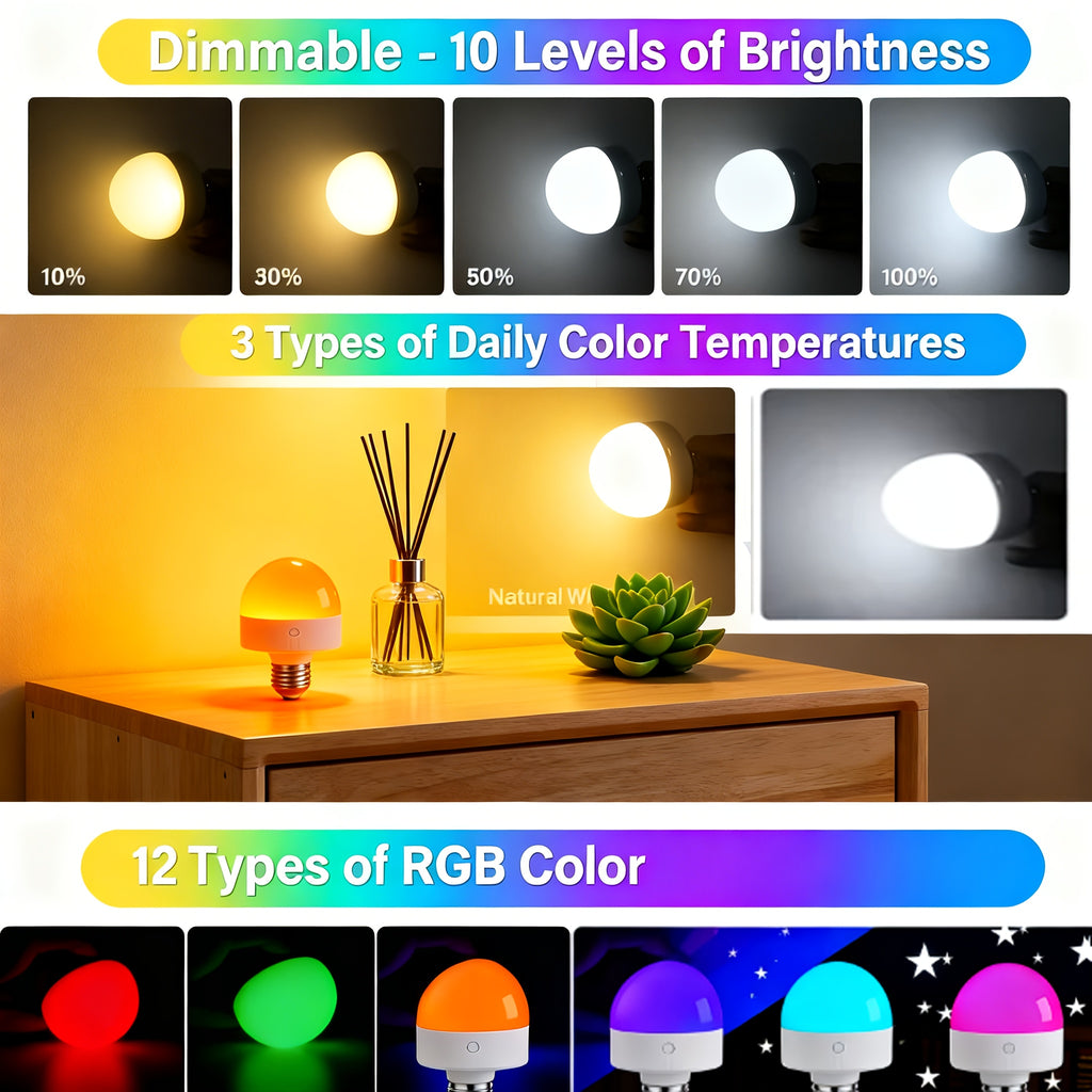 Single remote control rechargeable smart LED light, with E26/E27 base, supports USB charging, provides adjustable color temperature and brightness, very suitable for use in living rooms and bedrooms, can be used as a ceiling light