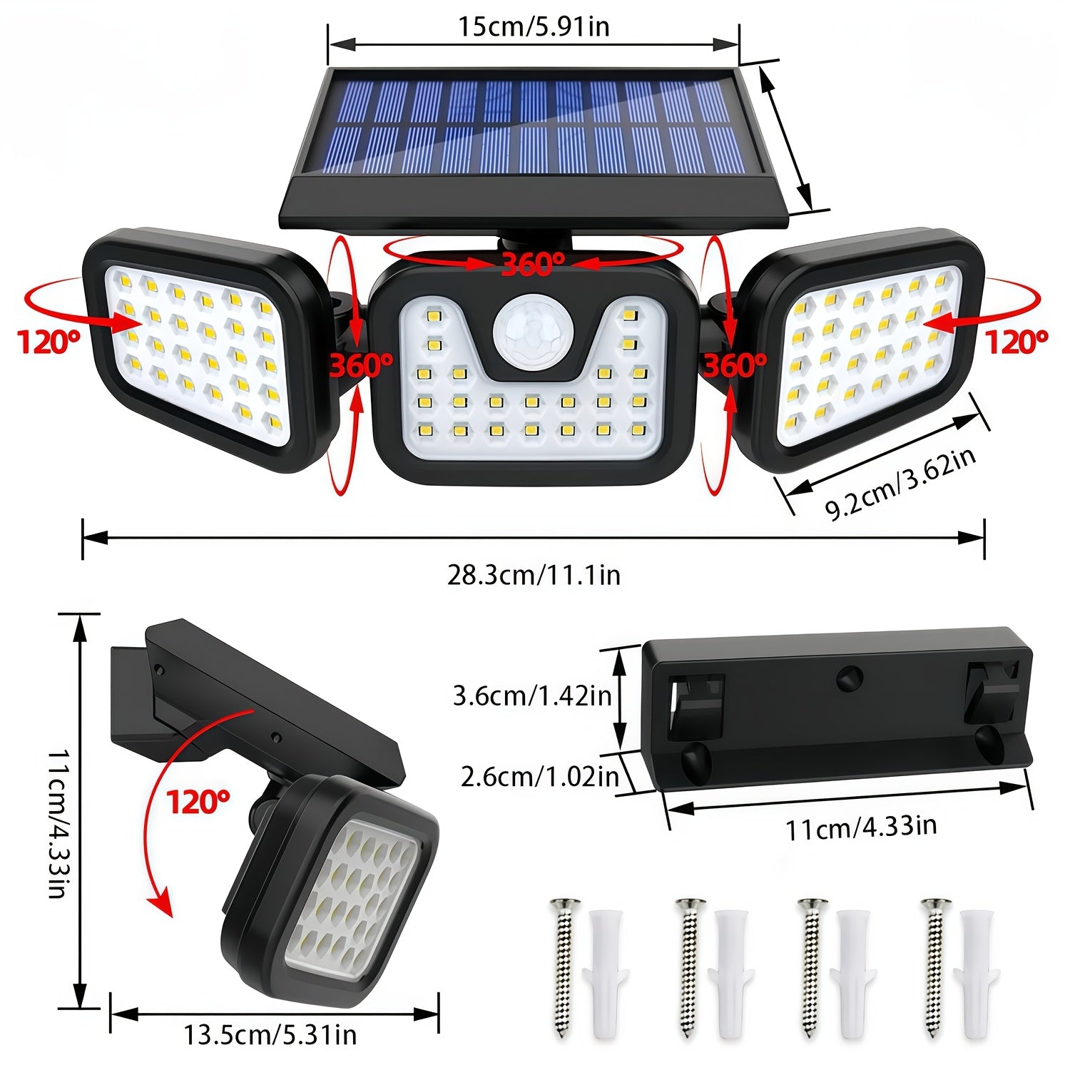 (1/2 Pack) Solar Outdoor 3-Head Motion Sensor Wall Light, Solar Fence Light, [74 LEDs / 3 Modes] 270° Wide Angle Illumination, IP65 Waterproof Outdoor Light, Perfect for Garden, Courtyard, Street, Garage, Patio and Porch Lighting.
