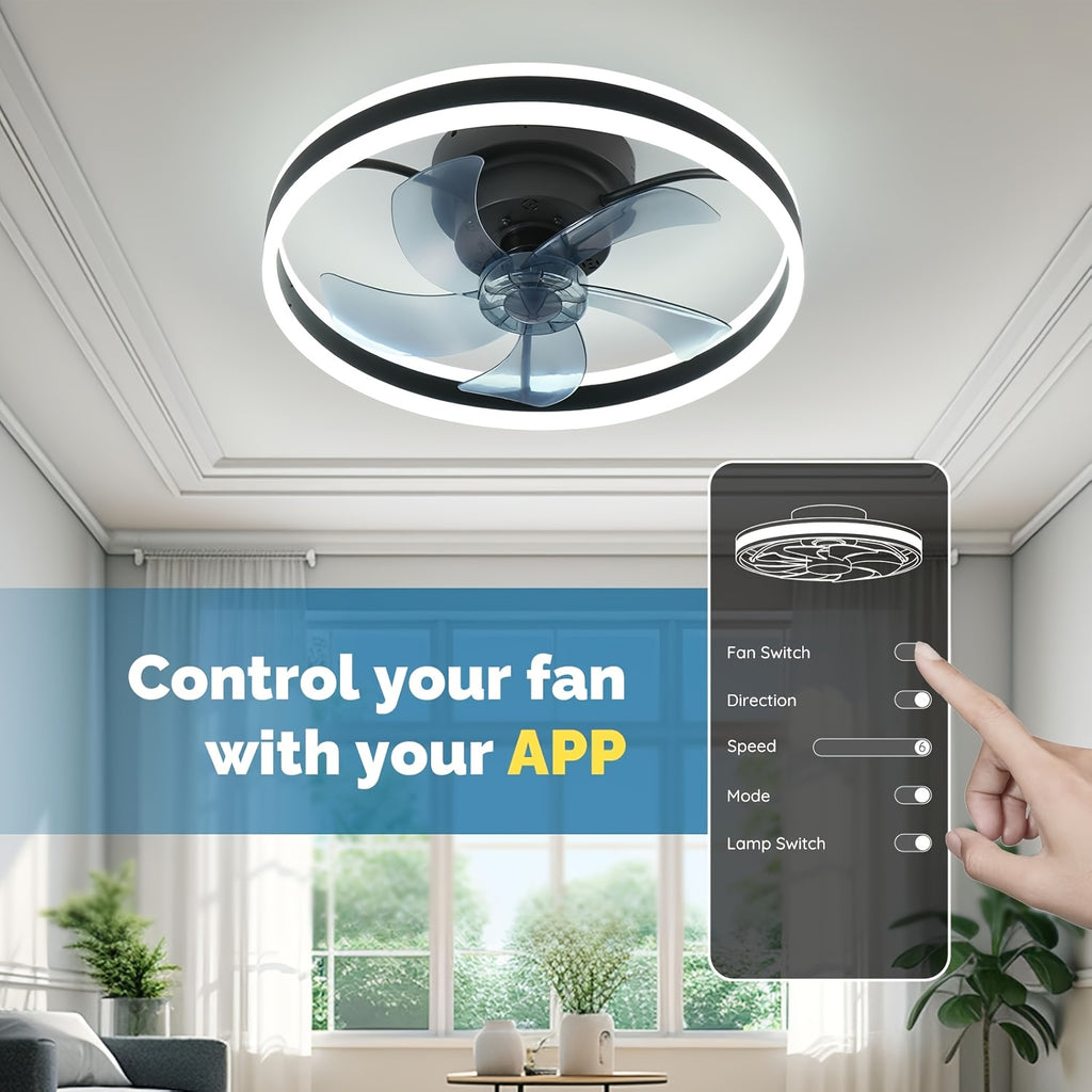 Modern Indoor Remote Control Flush Mount Ceiling Fan, Embedded Design, 19.7 Inch Dimmable LED Light, Low Profile Smart Color Changing, 3 Lighting Modes & 6 Speed Settings