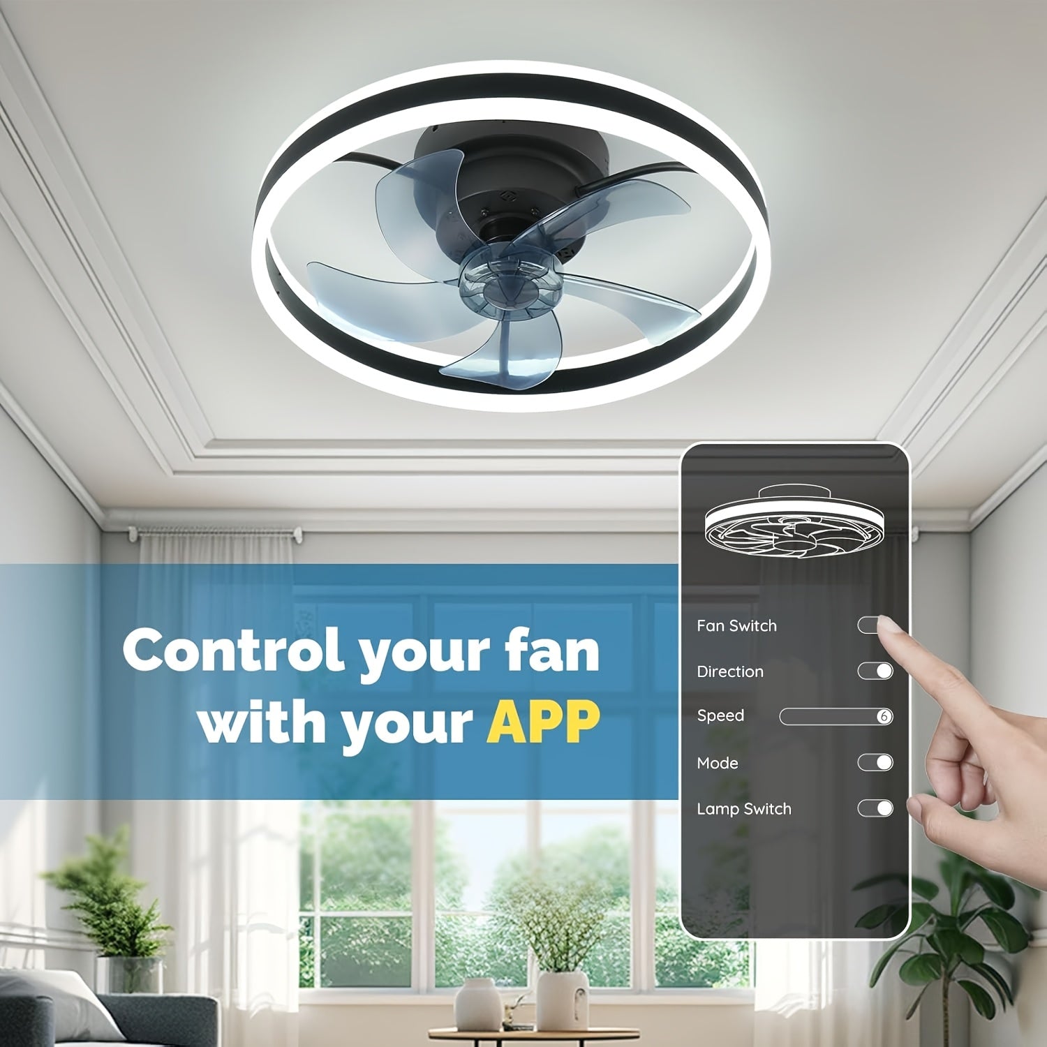Modern Indoor Remote Control Flush Mount Ceiling Fan, Embedded Design, 19.7 Inch Dimmable LED Light, Low Profile Smart Color Changing, 3 Lighting Modes & 6 Speed Settings
