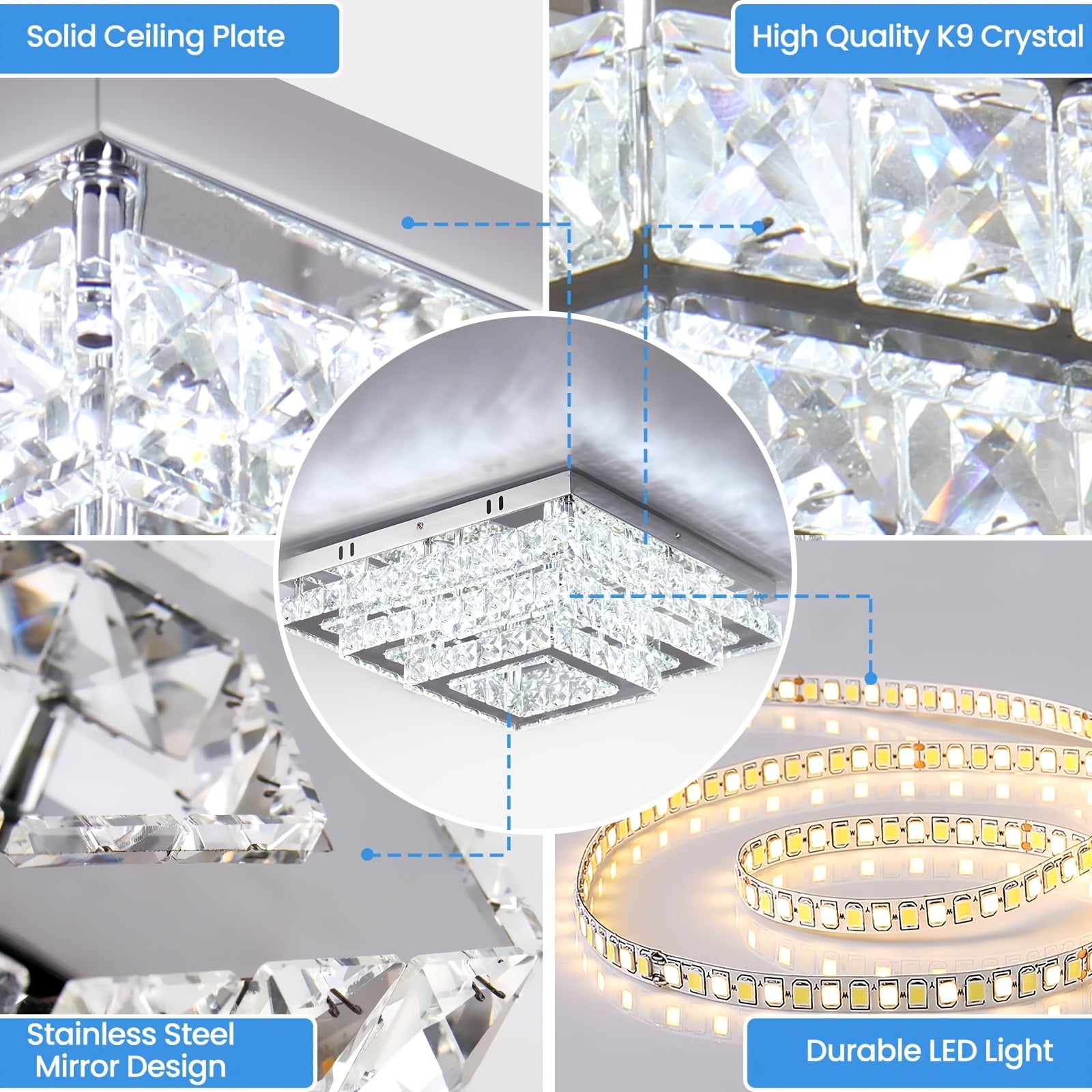 15-inch modern style pendant ceiling light, square crystal design, three-tier flush mount installation, suitable for living room and dining room (6500K cool white light)