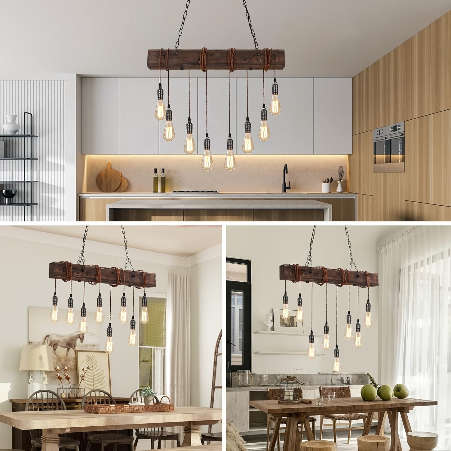 8,6,4-Light Rustic Chandelier for Dining Room, Farmhouse Wood Pendant Light, Height Adjustable, Rectangular Pendant Light for Kitchen Island, Dining Room, Bar, Pool Table, Cabin
