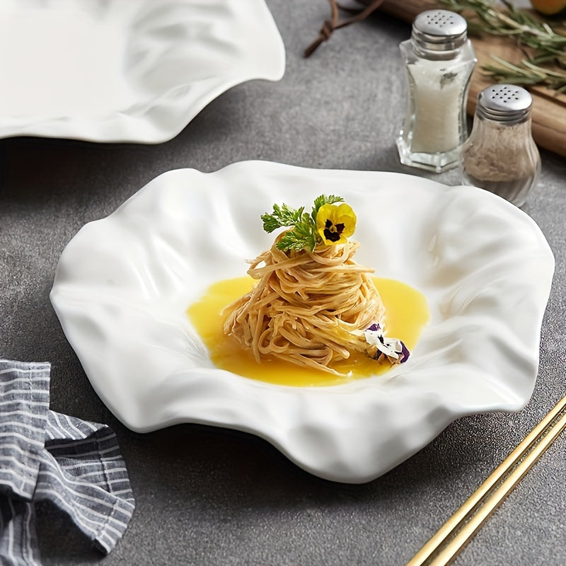 1 pc, Creative Pleated White Ceramic Dinner Plate, Hotel Serving Plate, Pasta Plate, Dessert Plate, Restaurant Commercial Plate, Dessert Tray, Sashimi & Sushi Platter