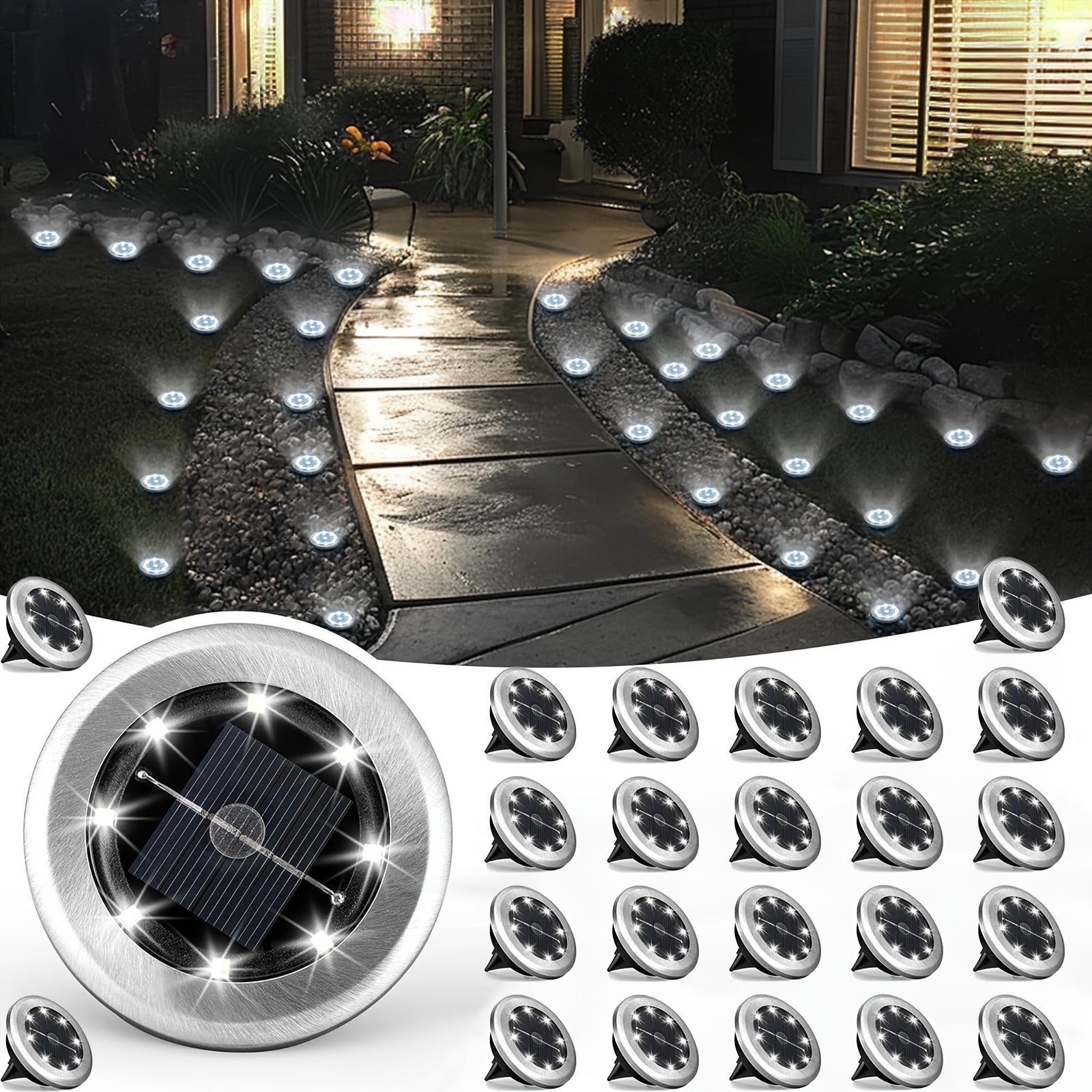 24-Piece Waterproof Outdoor Ground Light, Solar Courtyard Light, IP44 Waterproof, LED Landscape Garden Light, Suitable for Courtyard, Driveway, Walkway (Cool White / Warm White Dual Color)