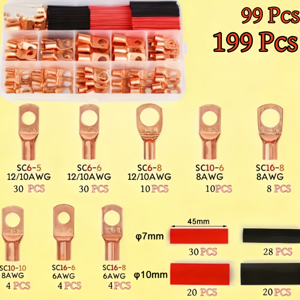 99/199-Piece AWG 6, 8, 10 & 12 Gauge Wire Terminal Set with Heat Shrink Tubing – Battery Cable Ends & Ring Terminal Connectors for Marine, Automotive, Cable & Electrical Applications