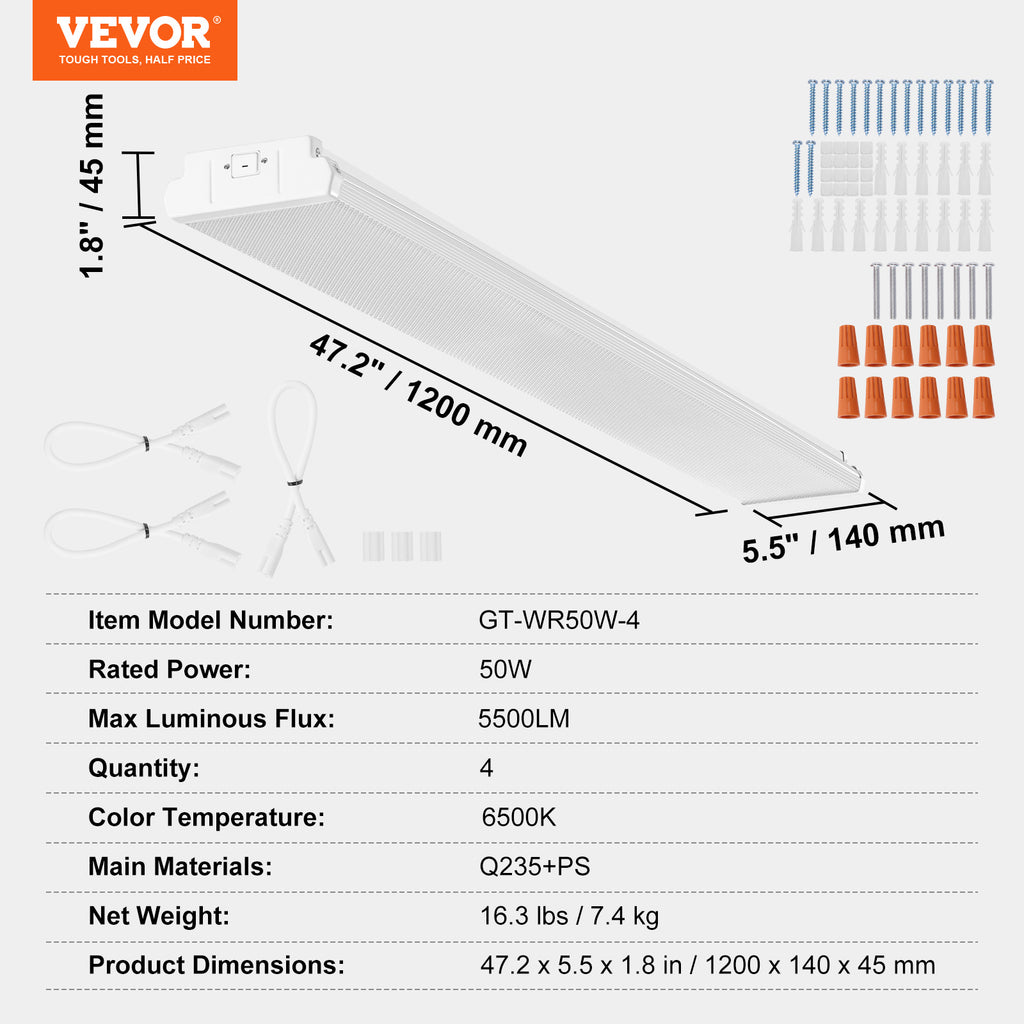 VEVOR 4/8 ft LED wrap light, 50W, 5500LM recessed LED shop light, 4-pack 6500K daylight LED kitchen ceiling light fixture, suitable for garage, office, laundry room fluorescent light replacement, FCC certified